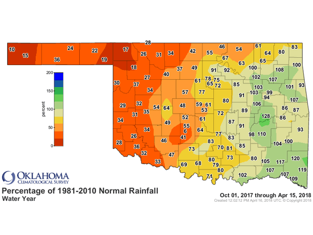 Dry conditions across the western half of Oklahoma, along with high winds and low humidity, have combined to make the region ripe for wildfires. Woodward County in northwest Oklahoma has had only 18% of normal rainfall from Oct. 1, 2017, through April 15, 2018. (Graphic courtesy of the Oklahoma Climatological Survey/Oklahoma Mesonet)